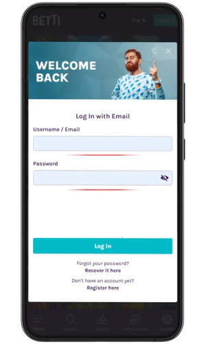 Entering your email and password Betti Casino